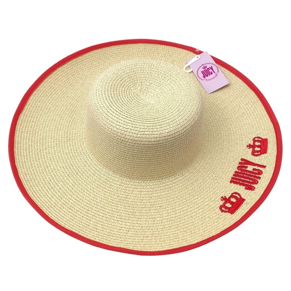 Juicy Couture Natural Tan Red Printed Trim Womens Embroidered Floppy Beach Hat